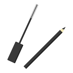 Set black mascara and eyeliner. Cosmetics and makeup products. Vector illustration in flat style, beauty for women. Isolated on a white background for the design.