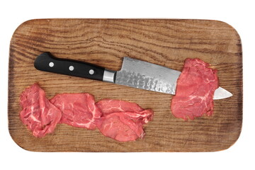 Carpaccio and Japanese Sharp Damascus Stainless Steel Chef Knife on Cutting Board Isolated on White...