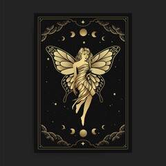 Beautiful fairy or nymph, with engraving, hand drawn, luxury, celestial, esoteric, boho style, fit for spiritualist, religious, paranormal, tarot reader, astrologer or tattoo vector - obrazy, fototapety, plakaty