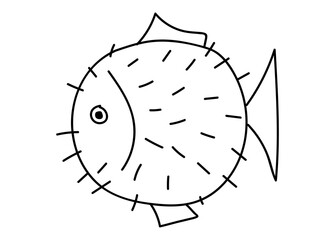 Ball fish, round fish with spines in doodle style, simple vector illustration, river and sea exotic dangerous animals with needles, lineart isolated on a white background, underwater world