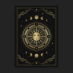 Wheel of fortune with the sun in the middle, with engraving, hand drawn, luxury, celestial, esoteric, boho style, fit for spiritualist, religious, paranormal, tarot reader, astrologer or tattoo