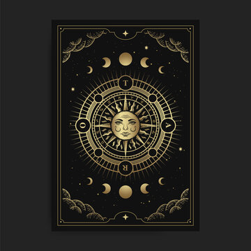 Wheel of fortune with the sun in the middle, with engraving, hand drawn,  luxury, celestial, esoteric, boho style, fit for spiritualist, religious,  paranormal, tarot reader, astrologer or tattoo Stock Vector | Adobe