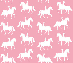 Vector seamless pattern of white flat hand drawn woman girl riding dressage horse silhouette isolated on pink background