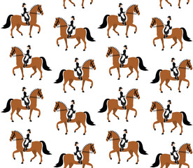 Obraz premium Vector seamless pattern of flat cartoon hand drawn woman girl riding dressage horse isolated on white background