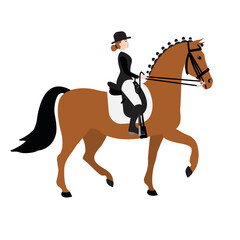 Vector flat cartoon hand drawn woman girl riding dressage horse isolated on white background