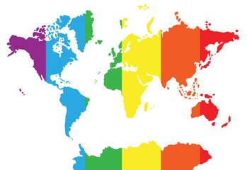 Vector flat World map silhouette with lgbt pride rainbow flag isolated on white background