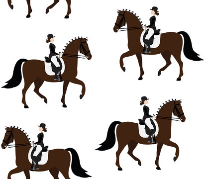 Vector seamless pattern of flat colored hand drawn woman girl riding dressage horse isolated on white background