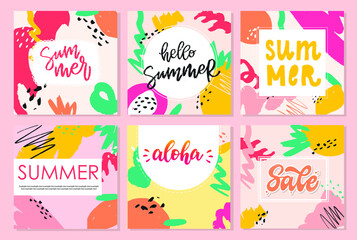 set of 6 colorful summer banners with copy space and lettering quotes. Good for prints, posters, cards, invitations, social media design, etc. EPS 10