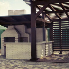 Open Summer Kitchen With Pizza Oven And Barbeque Grill. Outdoor Backyard Pavilion And BAR Rack....