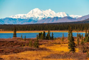 Washable wall murals Denali the majestic snow capped  mt. denali on a clear blue autumn day.