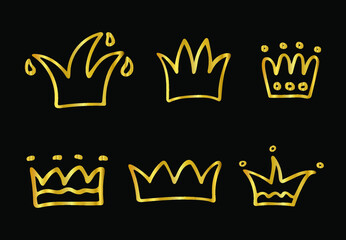 Set of hand drawn golden shining crowns. Grunge doodle style diadem silhouettes painted with ink and brush. Isolated gold logo and icon collection on black background. Vector illustration