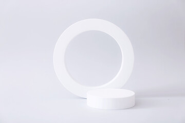 Geometric shapes podiums for product display on grey background. Stand for product promotion in minimal style.