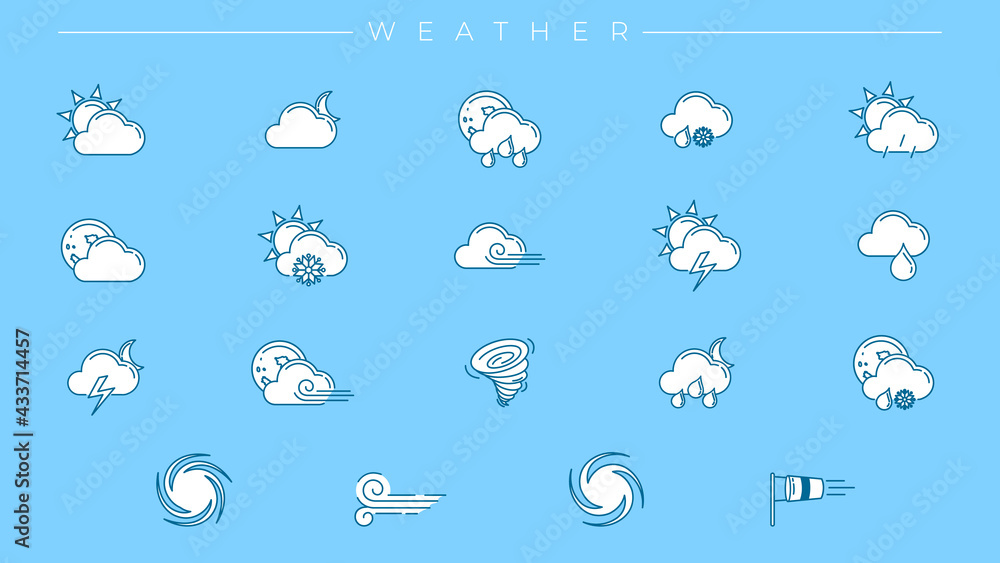 Poster weather concept line style vector icons set