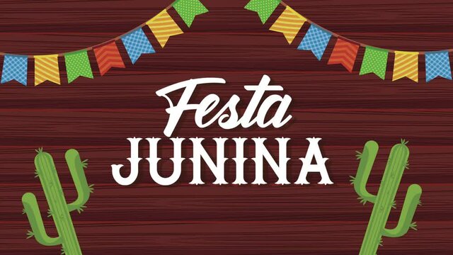 festa junina lettering animation with cactus and garlands