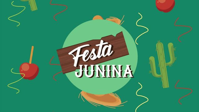 festa junina lettering animation with set icons