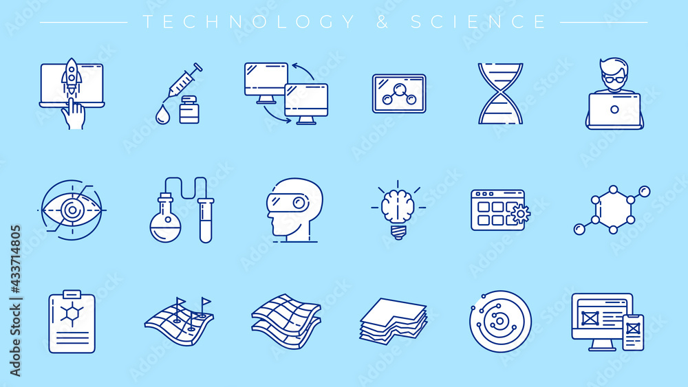 Poster technology and science concept line style vector icons set.