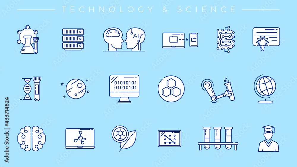 Poster technology and science concept line style vector icons set.
