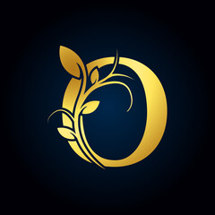 Elegant O Luxury Logo. Golden Floral Alphabet Logo with Flowers Leaves. Perfect for Fashion, Jewelry, Beauty Salon, Cosmetics, Spa, Boutique, Wedding, Letter Stamp, Hotel and Restaurant Logo.
