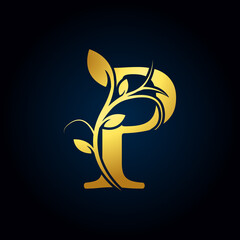 Obraz na płótnie Canvas Elegant P Luxury Logo. Golden Floral Alphabet Logo with Flowers Leaves. Perfect for Fashion, Jewelry, Beauty Salon, Cosmetics, Spa, Boutique, Wedding, Letter Stamp, Hotel and Restaurant Logo.