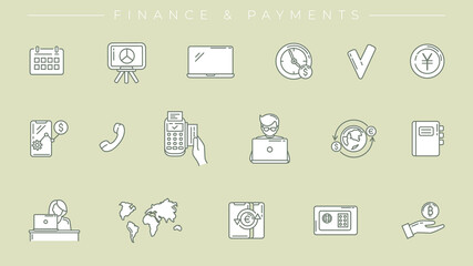 Finance and Payments concept line style vector icons set.