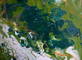 Abstract painting with bright acrylic reminiscent of natural landscapes. Background flowing pattern of green, white, gold, birch colors
