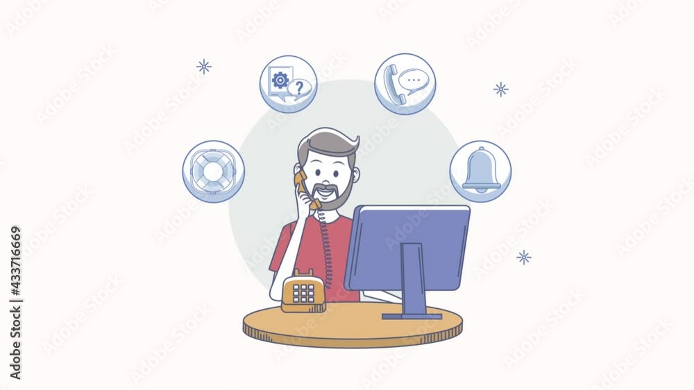 Poster customer service man calling using desktop