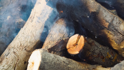 Fire safety concept. Bonfire close-up, burning firewood.