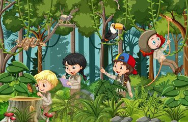 Forest scene with many children doing different activities
