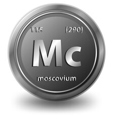 Moscovium chemical element. Chemical symbol with atomic number and atomic mass.
