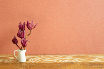 Vase of cymbidium flower on wooden table. red background
