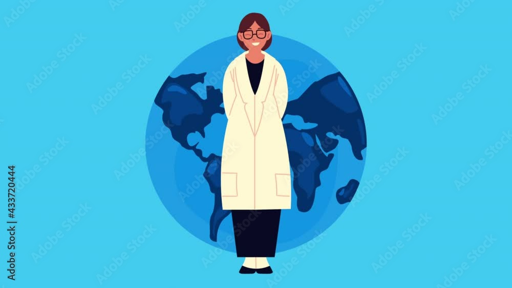 Wall mural female doctor with earth planet character