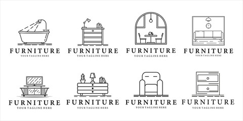 set of furniture logo line art vector illustration template icon design. bundle collection of various desk sofa dining room bathtub for interior logo concept creative label design