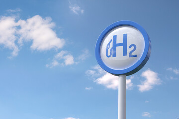 Hydrogen fuel logo sign with blue sky background. 3d illustration.