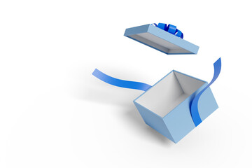 Open blue gift box with blue bow isolated on a white background. 3d illustration.