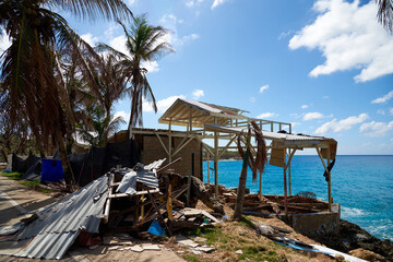 Construction destroyed on the edge of the coast as a result of cyclone Iota on the island of San Andres. Colombia.