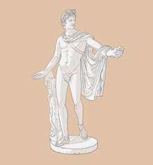 Full-length statue of Apollo Belvedere. Vector illustration in a line art style with tonal separation into light, shadow. EPS 10. The idea for a print on a T-shirt, bag, poster. Light brown background