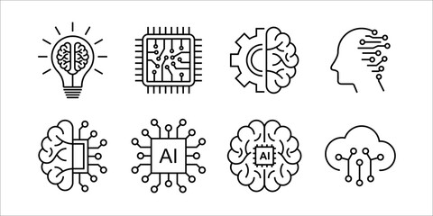 Artificial Intelligence related vector line icons. Contains such as smart robotic, machine learning, and technology of cloud computing network.