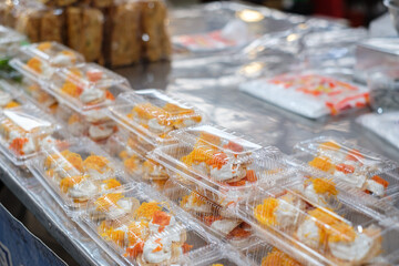 Fast food, desserts and various foods sold at the bazaar in the North of Thailand.