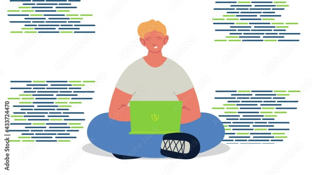 Poster young man using laptop programming character