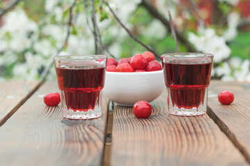 Two small glasses with cherry liqueur and berries on the background of a flowering tree.