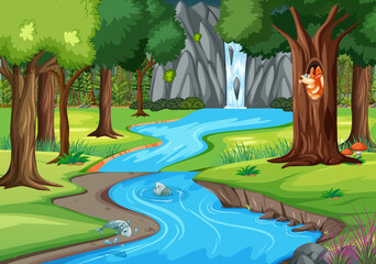 Jungle scene with many trees and waterfall © blueringmedia