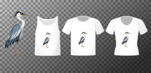 Stork bird in stand position cartoon character with many types of shirts on transparent background