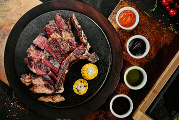 Fermented steak. T-Bone Steak with grilled vegetables on a black round plate on a background on a copper sheet. top view