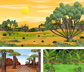 Set of savanna forest in different times horizontal scenes