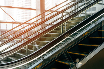 Interior of office center building with escalator