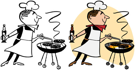 A vintage retro cartoon of a man in a chef hat and apron barbecuing burgers on a grill. - obrazy, fototapety, plakaty