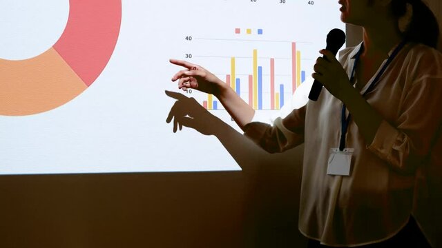 プロジェクターを使ってプレゼンをする女性