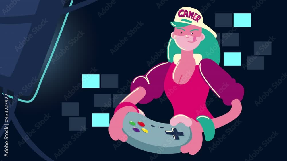 Wall mural young woman gamer using control