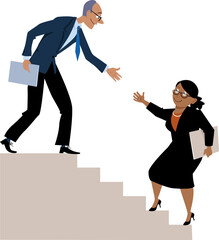 Senior man helping a mature black woman to go up the career ladder, EPS 8 vector illustration 
