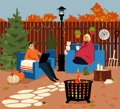 Couple Sitting In Cozy Chair At The Backyard Near Fire At Fall, Seasonal Decorations Around, EPS 8 Vector Illustration